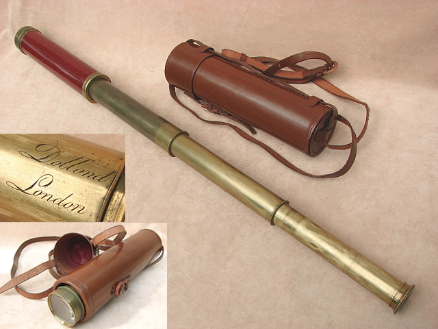 Late 18th century 3 draw telescope signed Dollond London, with leather case.